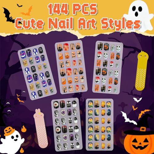 Kids Press-On Nails Halloween Style 144Pcs Short Fake Nail Kit for Girls