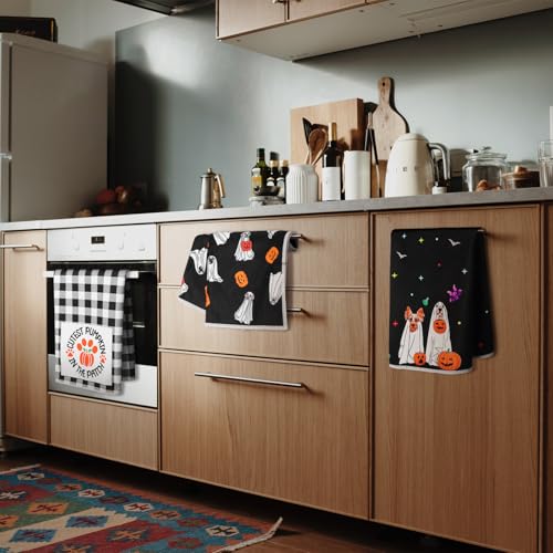 Halloween Dog Kitchen Towels Set of 4 - Fall Ghost Pumpkin Design, Microfiber, 14x21 Inches