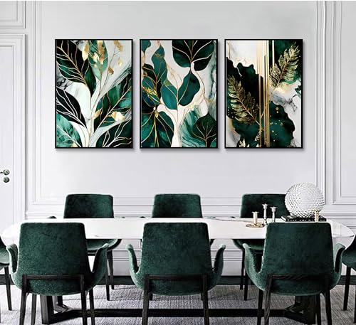 Green and Gold Abstract Wall Art Set - 16x24 Inch Emerald Canvas Prints for Living Room & Bedroom - Unframed