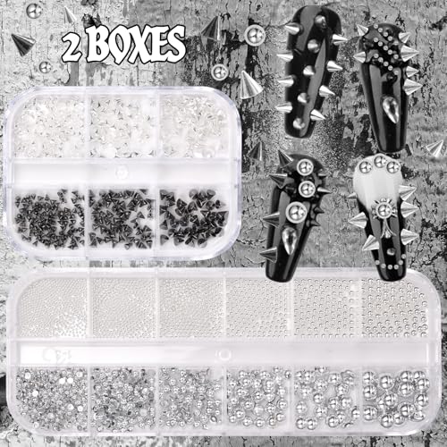 S2 Punk Nail Charms Kit - Black Silver Spike & Caviar Beads for Gothic Nails