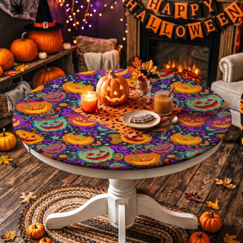 Halloween Round Tablecloth Fits 45-48 Inches with Pumpkin Head Design - 48"