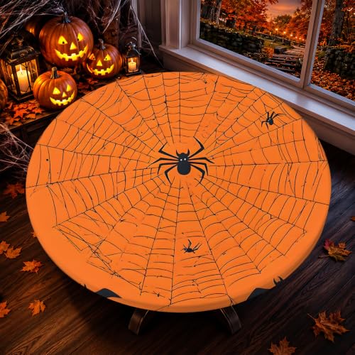 48 Inch Fall Waterproof Round Tablecloth with Elastic Edge - Halloween Fitted Cover, D-halloween Variation