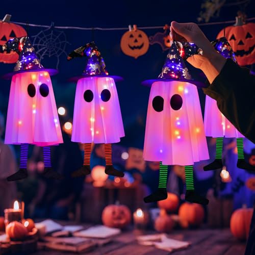 3-Pack Halloween Hanging Ghost Lights with Witch Hats - Outdoor Decor, Purple & Orange, Waterproof, Timer