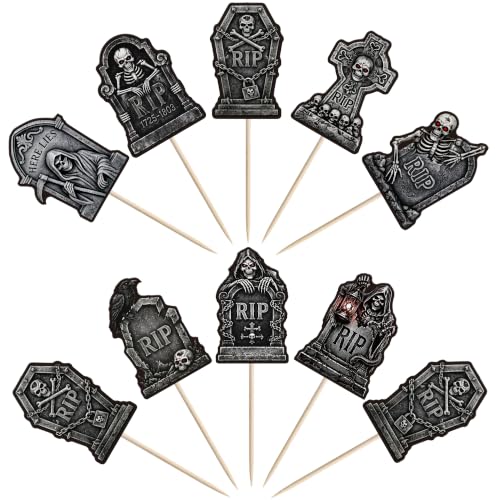 Halloween Tombstone Cupcake Toppers Cemetery Graveyard Zombie Skeleton Hands - Design 25, 40 Pack