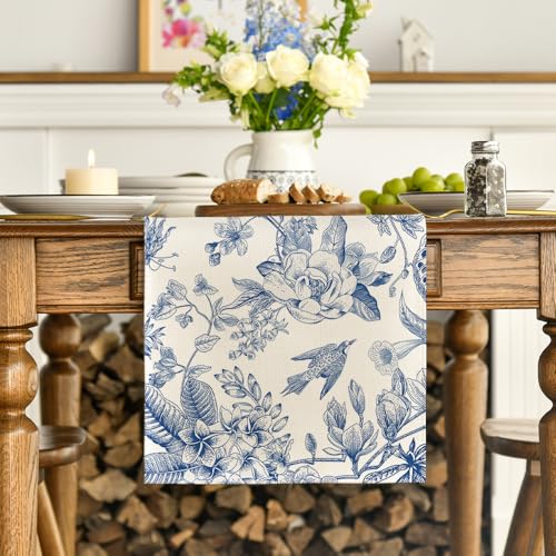 Blue 13x108 Inch Seasonal Peony Azalea Table Runner for Home & Dining