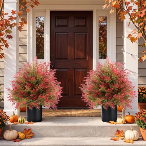 Artificial Fall Cedar Topiary Trees in Pot - Red & Green, 2 Pack Outdoor Faux Shrubs