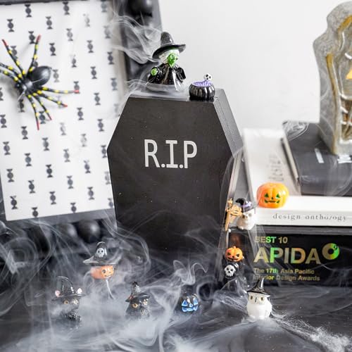Halloween Miniature Figurines Set - Coffin & Witch Owl Skeleton Pumpkin Decor - Variation of Hat & Witch & Owl