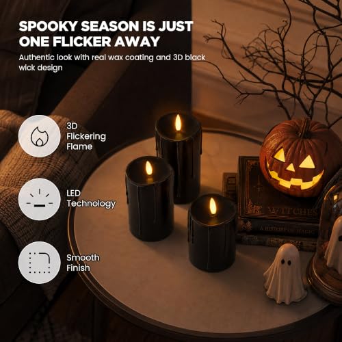 Velsyn Black Flameless Pillar Candles with Remote Set of 3 - Halloween Decor