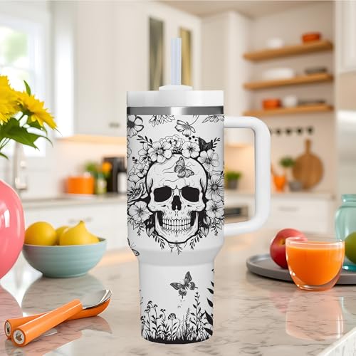 White Skull Goth Tumbler with Handle - 40 OZ Skull Lover Gift for Women