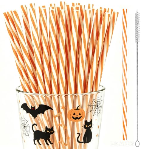 Reusable Orange White Striped Drinking Straws Set - Halloween & Fall Party Supplies