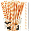 Reusable Orange White Striped Drinking Straws Set - Halloween & Fall Party Supplies