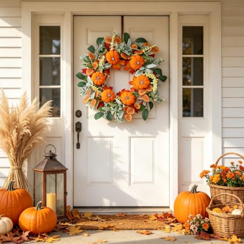 22 Inch Autumn Harvest Wreath for Front Door Farmhouse Decor with Pumpkins & Eucalyptus - Variation of THIS listing
