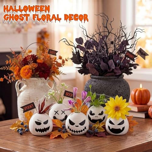 Mini Onigiri Vase Set - 5 Spooky Face Japanese Porcelain Planters, 3 Inch