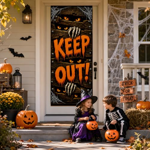 Halloween Door Decorations Keep Out Banner - Large Haunted House Design, Orange Black White Variation