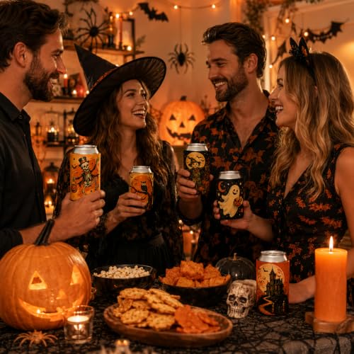 Halloween Can Cooler Sleeves Set - Vintage Skeleton, Ghost & Spooky Designs (DD)