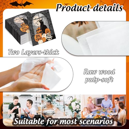 Halloween Paper Napkins 50 Pack Black Cat Pumpkin Disposable Dinner Hand Napkins - 6.5x6.5 Inch