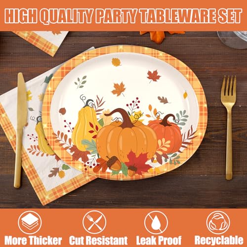 Fall Pumpkin Paper Plates & Napkins Set for 50 Guests - Autumn Party Tableware