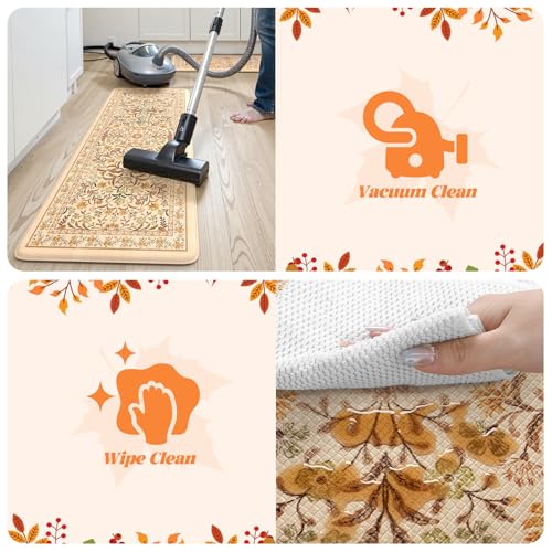 Anti-Fatigue Kitchen Mat with Fall Floral Pattern - Orange 17.3x47 + 17.3x29 Inches