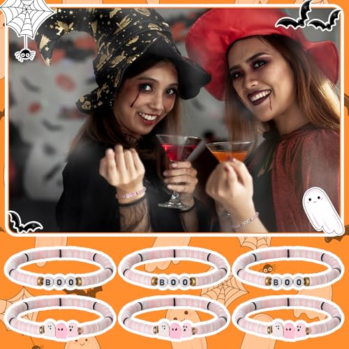 48 Pcs Halloween Party Favors Pink Boo Clay Bead Bracelets Bulk