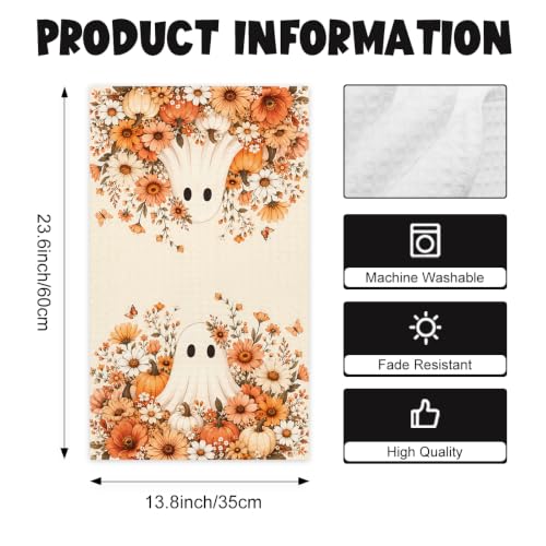 Halloween Kitchen Towels Set - Fall Floral Ghost Dish Hand Towels, 2 Pcs, Variation Towe20