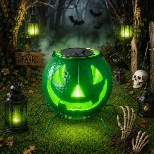 Solar Pumpkin Decor Light - Green Flickering Jack O Lantern with Spider Legs - D-Green Pumpkin Variation