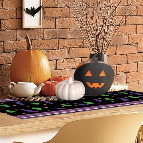 Halloween Bat Table Runner - Black Purple Skull Polka Dot 13x48 Inch - Seasonal Kitchen Decor