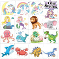 104 Kids Temporary Tattoos Pack - Assorted Unicorn, Dinosaur, Mermaid & Animal Designs - Mixed Variations