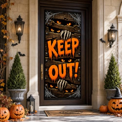 Halloween Door Decorations Keep Out Banner - Large Haunted House Design, Orange Black White Variation
