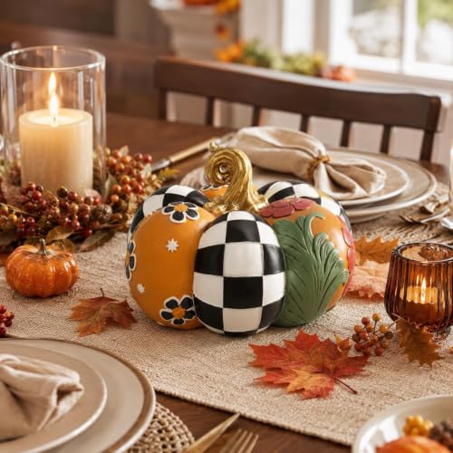 Black and White Checkered Pumpkin Figurine for Fall Table Decor