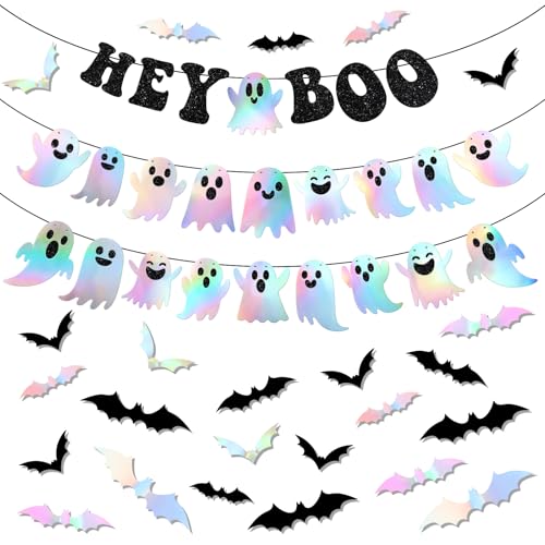 Halloween Iridescent Banner Set with Ghost & Bat Decorations - Black Glitter Hey Boo
