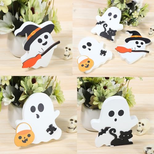 Halloween Ghost Decorations 3-Piece Wooden Indoor Table Decor Set
