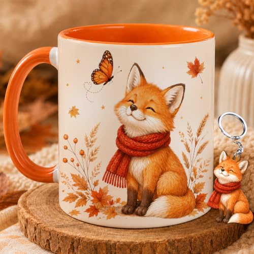 Fox Fall Coffee Mug & Keychain Set - Autumn Fox Gift for Women - 11 Oz Ceramic