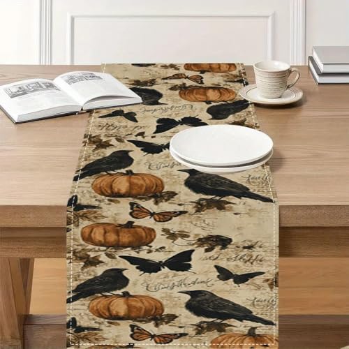 Halloween Retro Crow Pumpkin Table Runner - Style 05, 13x36 Inch Seasonal Kitchen Decor