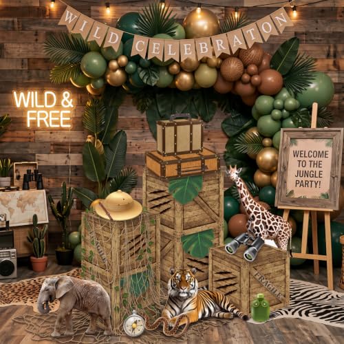 Jungle Safari Party Decorations Set with Wooden Travel Boxes & Animal Props