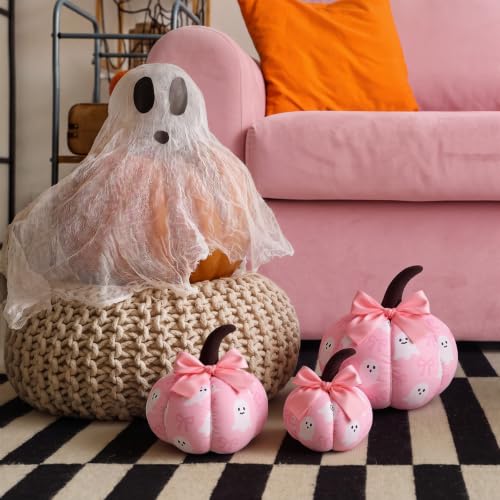 Pink Ghost Halloween Pumpkin Decor Set - 3 Sizes, Fabric Table Centerpieces