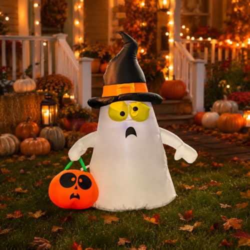 4FT Inflatable Ghost with Pumpkin Lantern LED Outdoor Halloween Yard Decor