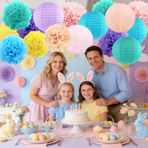 Macaron Tissue Hanging Paper Flowers Lanterns Party Decorations Set - 18 Pack