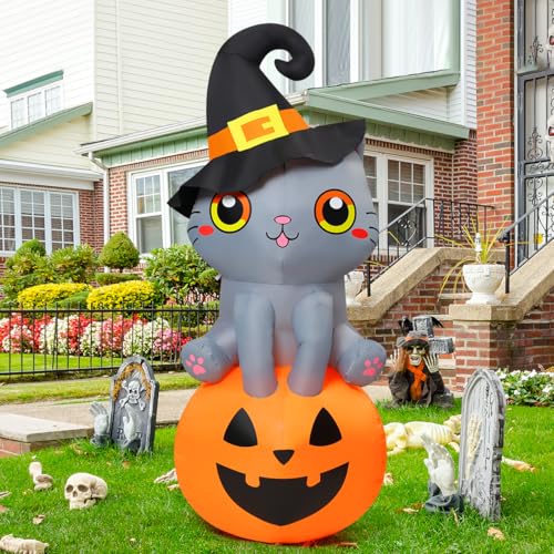 6 FT Halloween Inflatable Cat with Pumpkin and LED Lights Outdoor Yard Decor