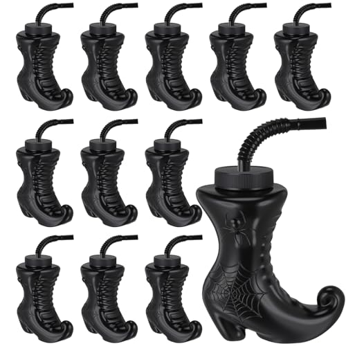 12 Pack Halloween Witch Boot Cups with Lids & Straws - 10 oz Reusable Plastic Party Drinkware