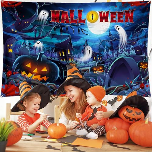 Navy Blue Halloween Banner - 185x110cm Haunted Tombs & Ghosts Photo Background