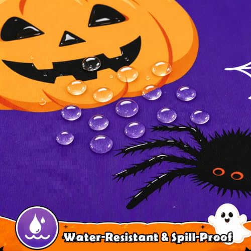 Halloween Tablecloth for 8 Foot Rectangular Tables - Spandex, Washable, Elastic, Reusable, Outdoor & Indoor Use - Ghost Pumpkin Pattern, 96x30 Inches - Orange & Black