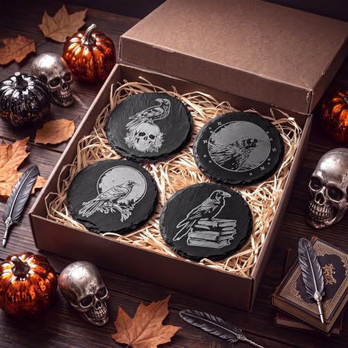 Gothic Crow Slate Coaster Set - 4-Inch Black Stone Drink Coasters with Holder