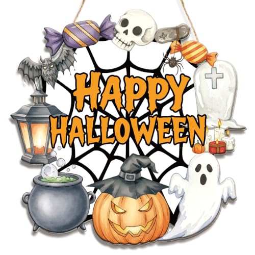 Happy Halloween Spiderweb Wooden Door Sign - Multicolor 01 Halloween Wall Art