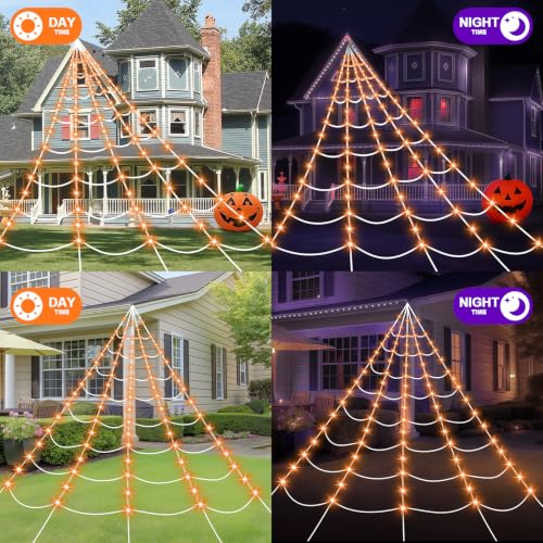 Orange Halloween Spider Web with 250 LED Lights & 59-Inch Giant Spider