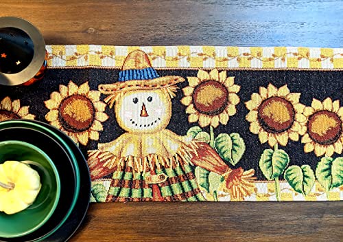 Fall Sunflower Scarecrow Tapestry Table Runner 13x90 Inches - Harvest Decor