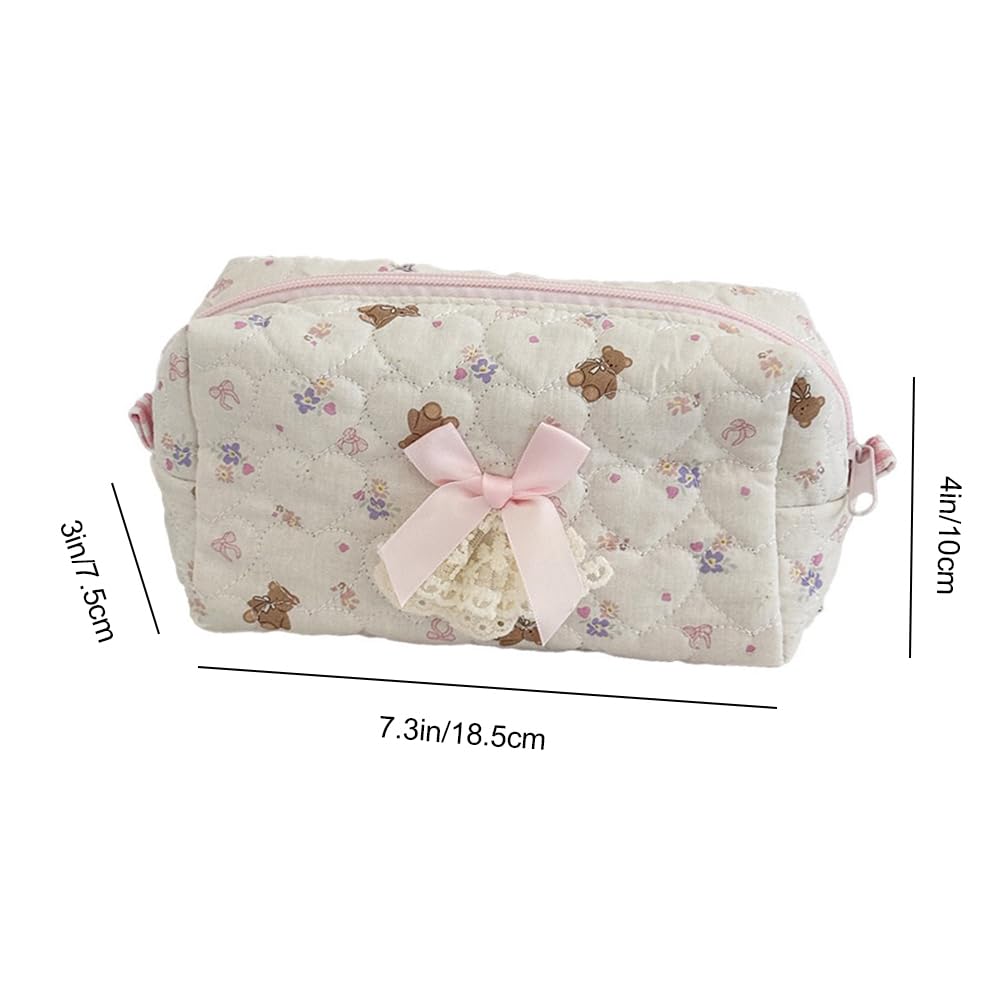 WELLRI Quilted Makeup Bag Small Cosmetic Pouch Cute Bow Floral Coquette Aesthetic Travel Organizer Toiletry Bag for Women and Girls (Teddy Bear)