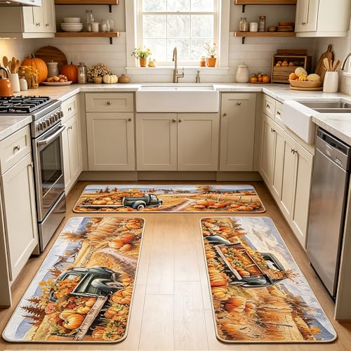 Fall Kitchen Rugs Set - Harvest Pumpkin Pickup Truck & Scarecrow Non Slip Burlap Mats - 3 Sizes