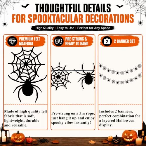 Halloween Spider Web Banner Garland - Felt Spiders & Webs, Indoor Outdoor Decorations