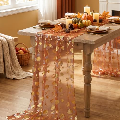 Fall Gauze Table Runner 120 Inch Caramel with Metallic Foil Leaves - Artoid Mode