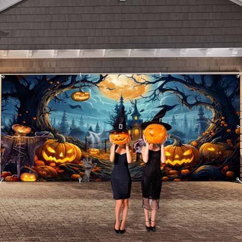 Orange 7x16 FT Halloween Garage Door Banner - Spooky Night Backdrop for Haunted House